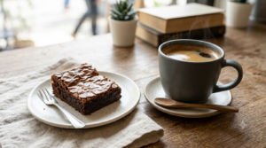 Cup of coffee with a chocolate brownie.