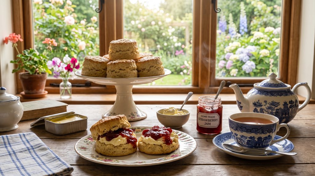 How to Make Traditional British Scones in 5 Steps (Easy & Fluffy) 1 How to Make Traditional British Scones in 5 Steps (Easy & Fluffy) A traditional British cream tea featuring golden scones topped with clotted cream and strawberry jam next to a teapot and teacup on a wooden table.