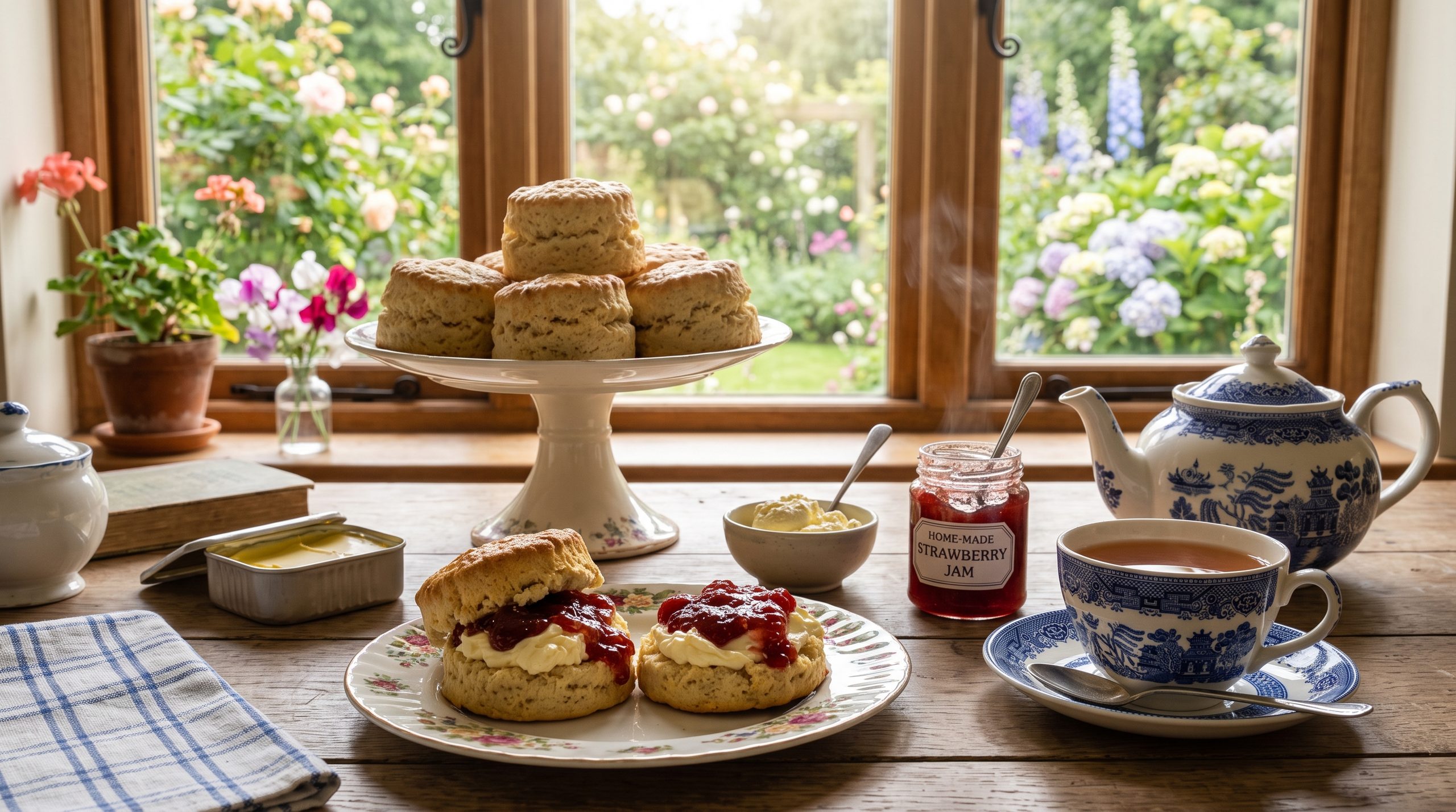 A traditional British cream tea featuring golden scones topped with clotted cream and strawberry jam next to a teapot and teacup on a wooden table.