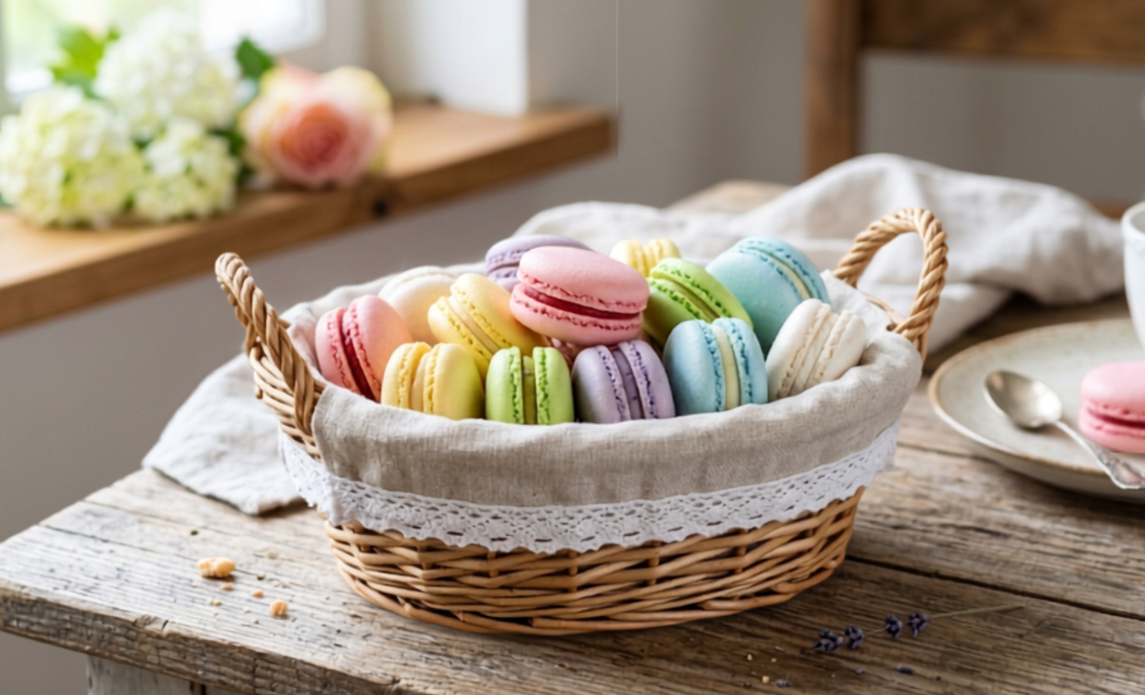 Colorful assortment of French macarons served in a woven basket lined with linen on a wooden table