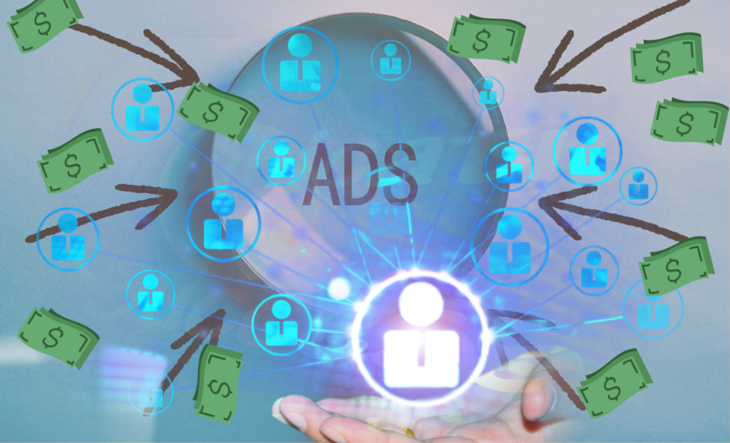 Conceptual graphic displaying digital ads targeting online users to generate sales and revenue