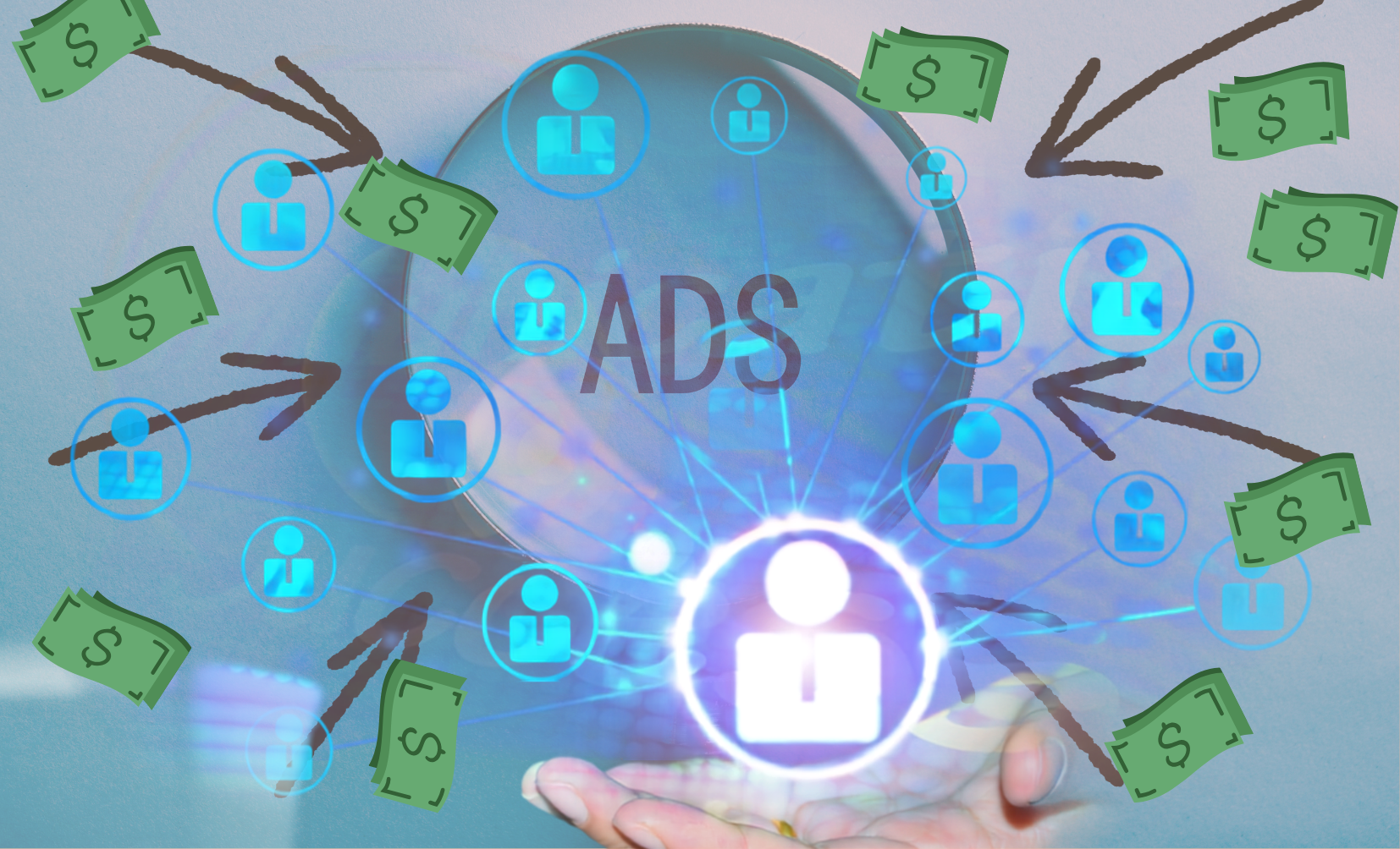 Conceptual graphic displaying digital ads targeting online users to generate sales and revenue