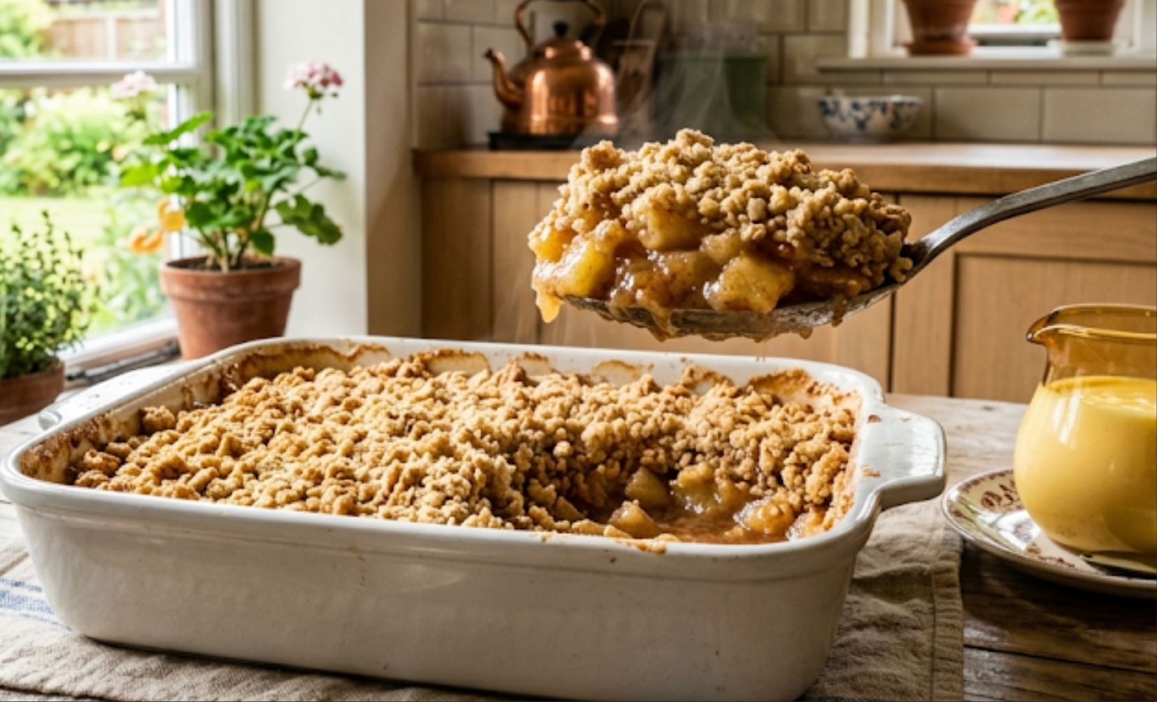 A freshly baked golden apple crumble in a white baking dish alongside a jug of custard on a wooden table.