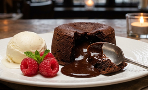 A chocolate fondant cake cut open on a plate with warm liquid chocolate oozing out next to vanilla ice cream.