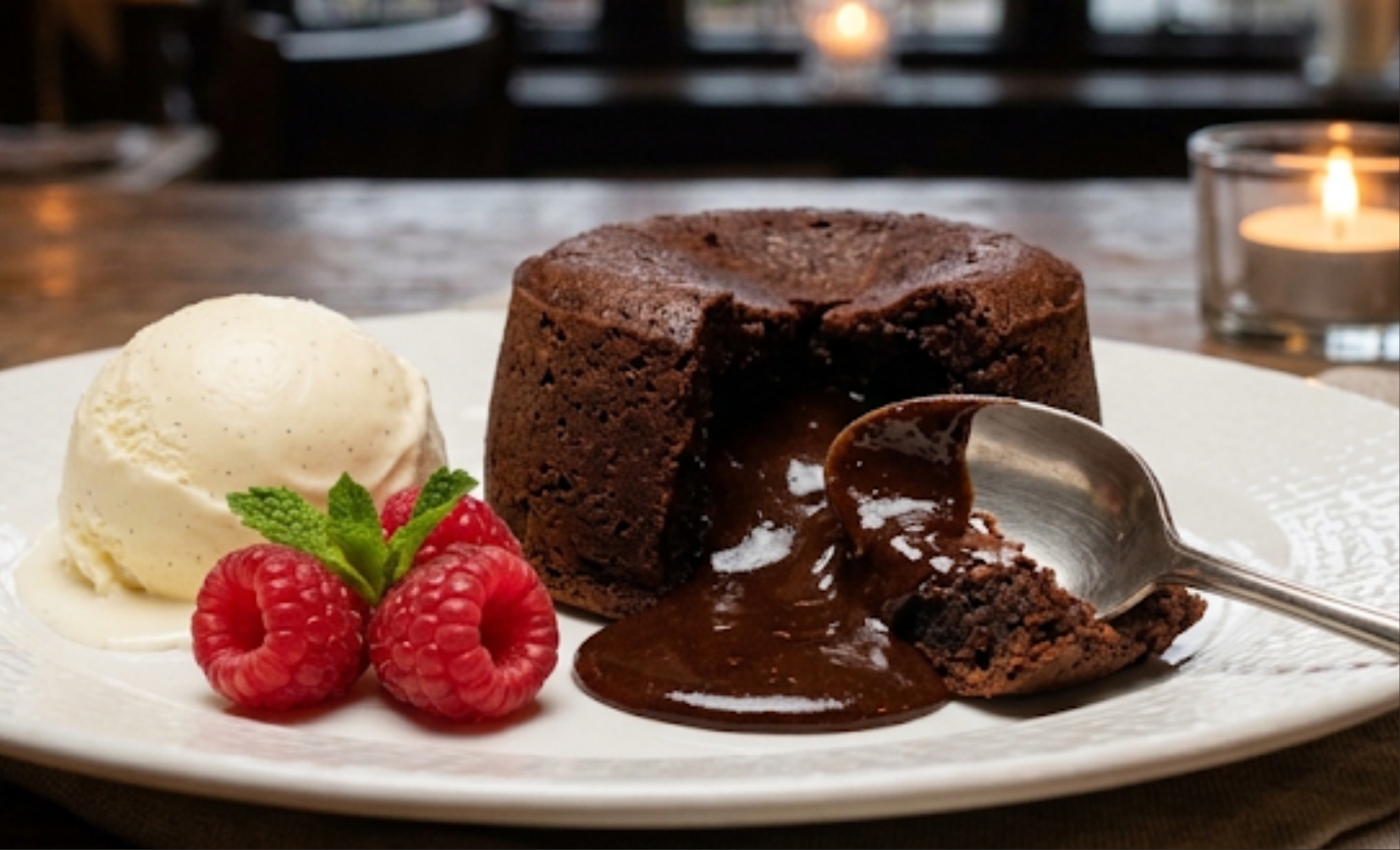A chocolate fondant cake cut open on a plate with warm liquid chocolate oozing out next to vanilla ice cream.