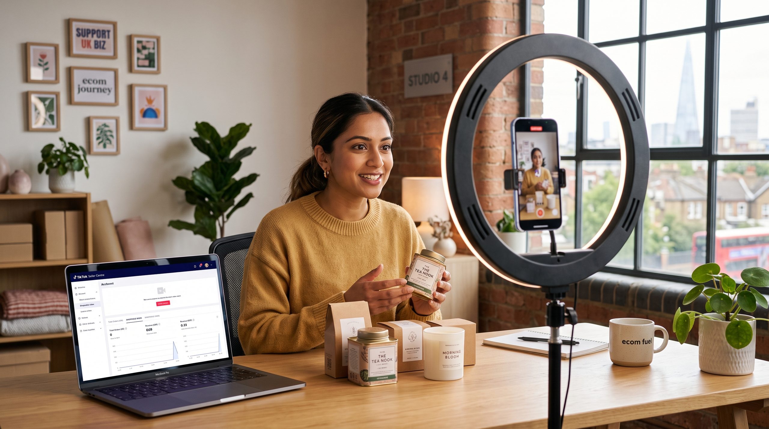 An entrepreneur recording a product video on a smartphone next to a laptop showing the TikTok Seller Center dashboard.