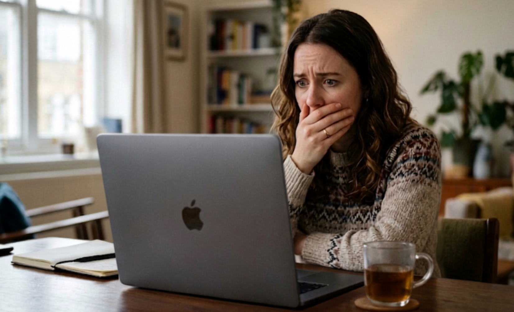 A worried woman sitting at a desk looking in shock at her laptop screen after discovering her Facebook account has been hacked.