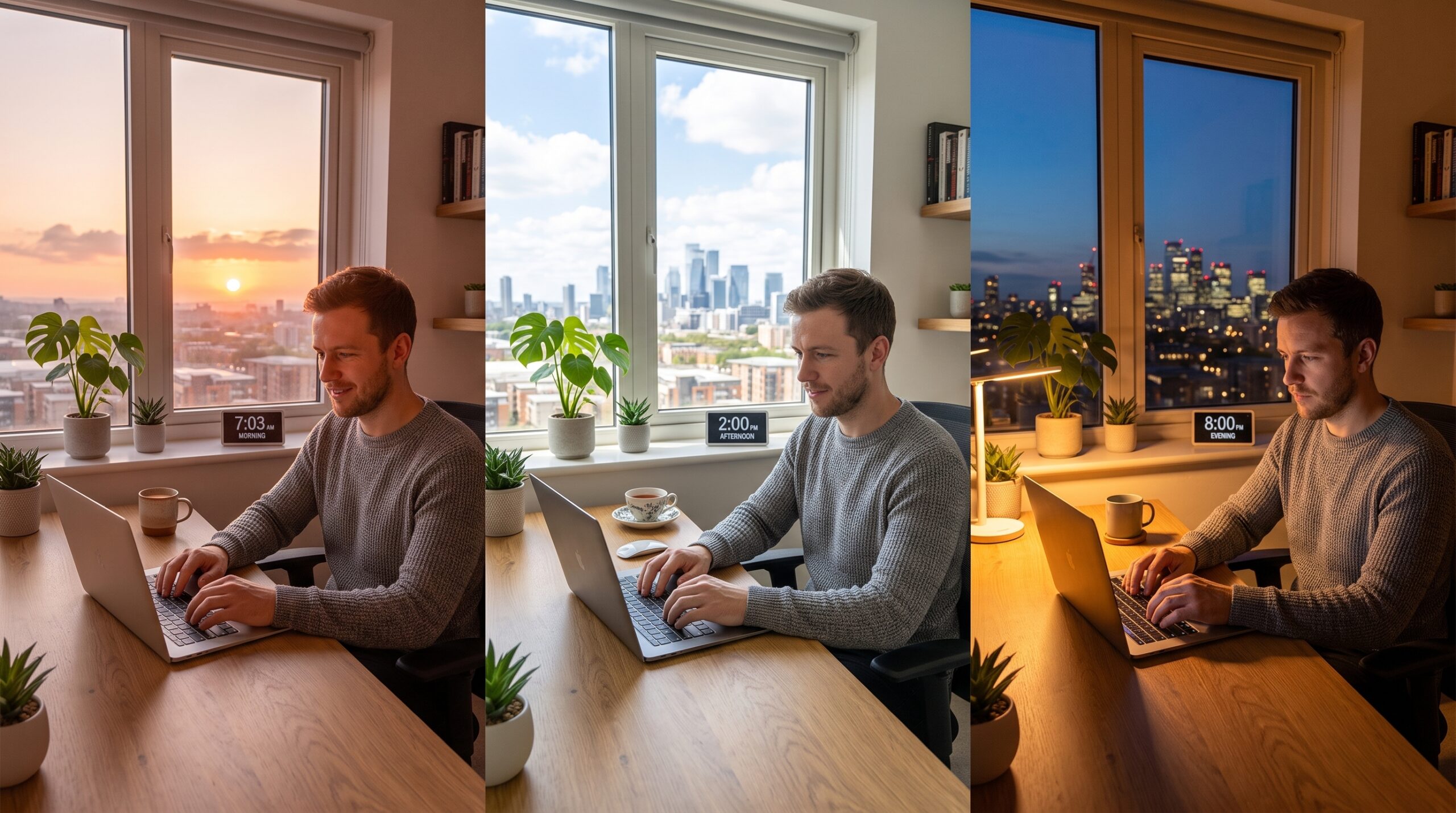 A man working on a laptop over a full day: Left (Sunrise, 7:03 AM), Center (Afternoon, 2:00 PM), and Right (Evening, 8:00 PM), in a bright home office.