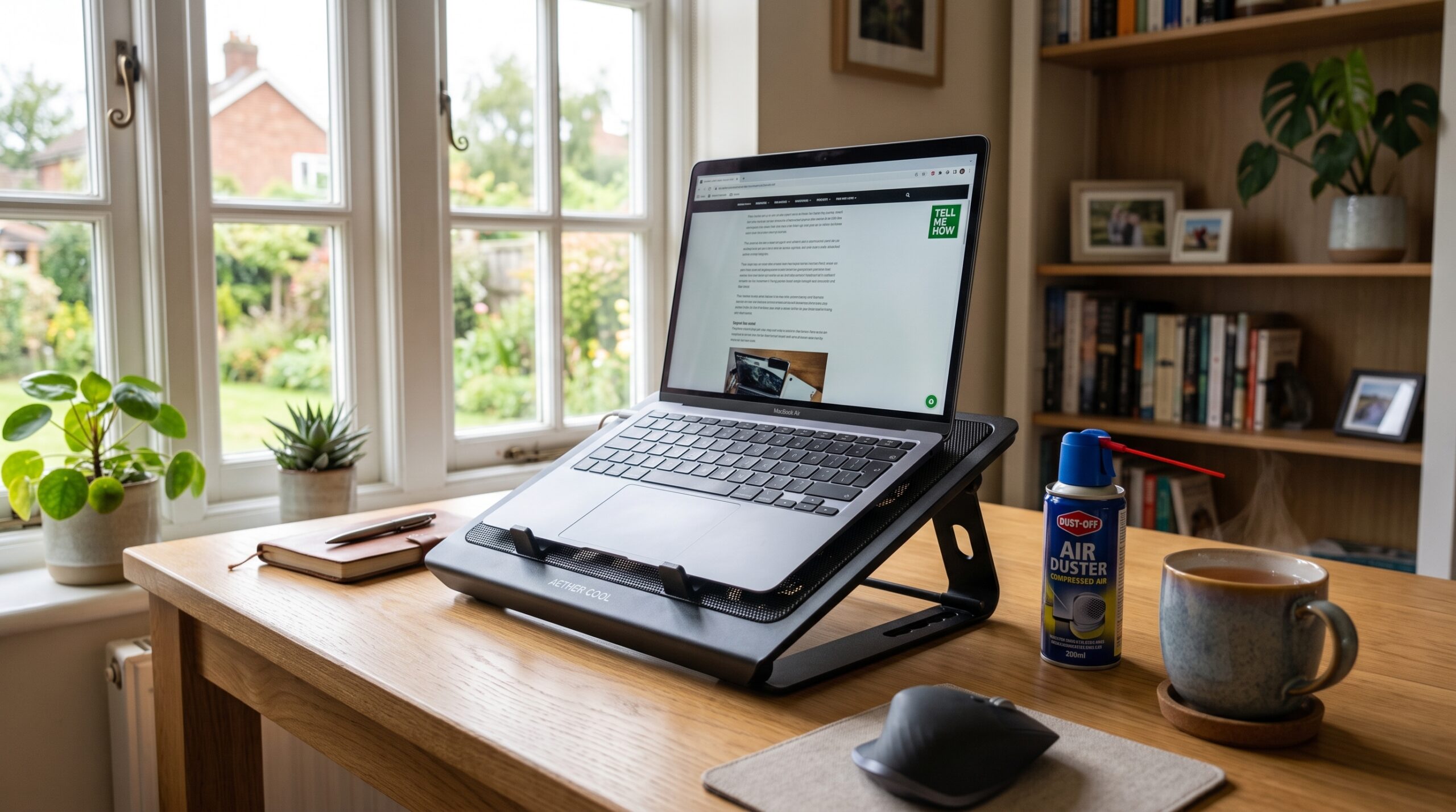 A silver laptop elevated on an aluminium cooling stand on a wooden desk to improve airflow and stop overheating.