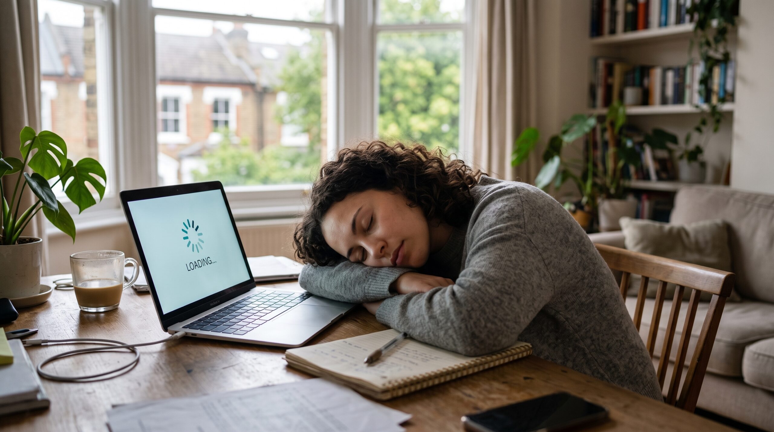 A woman with curly hair deeply asleep at a messy wooden desk, resting her head on her arms. In front of her, an open silver laptop displays a loading icon and the word 'LOADING...' on the screen.