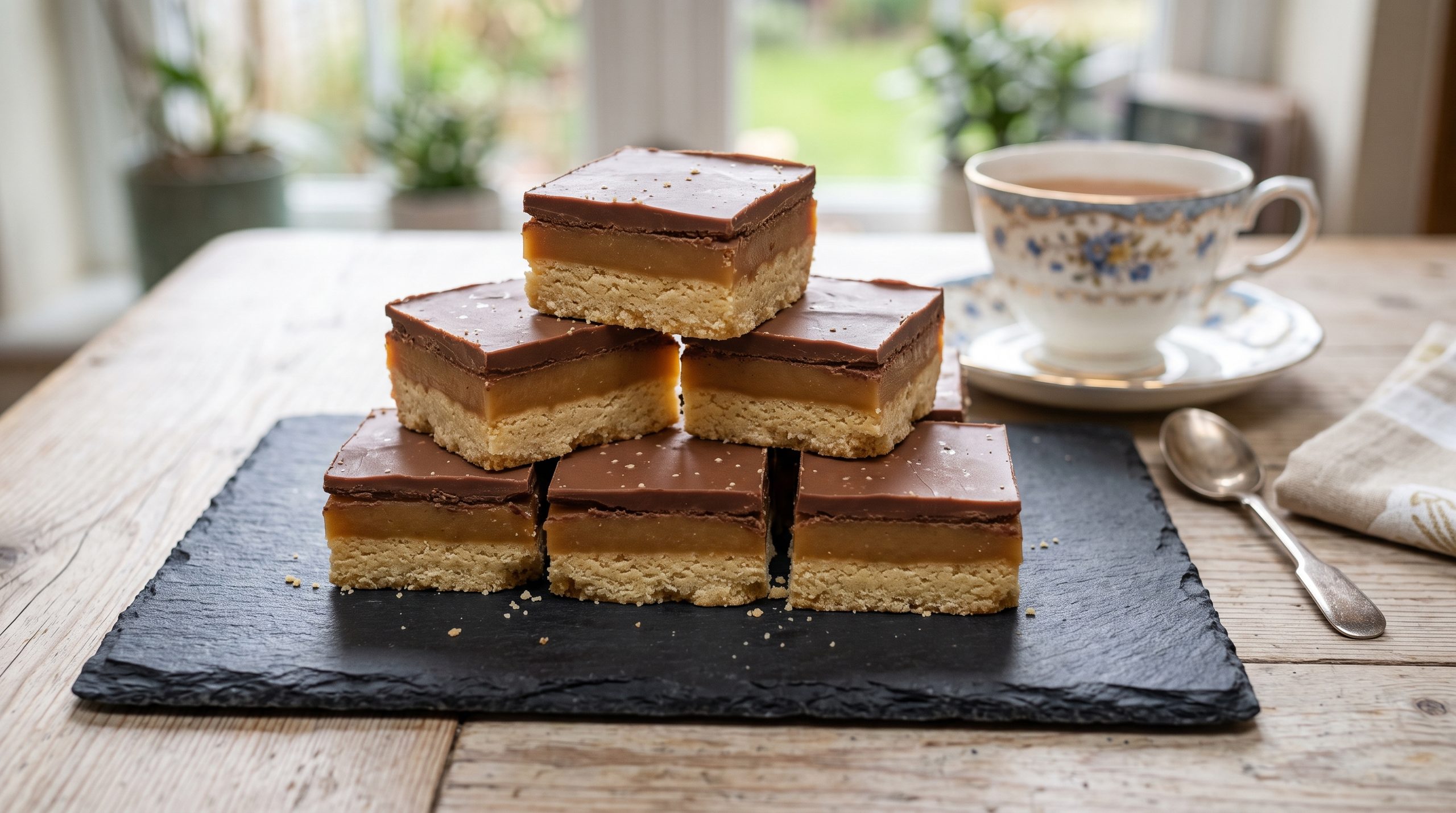 A stack of sliced Millionaire's Shortbread squares on a slate board showing layers of shortbread, caramel, and chocolate.