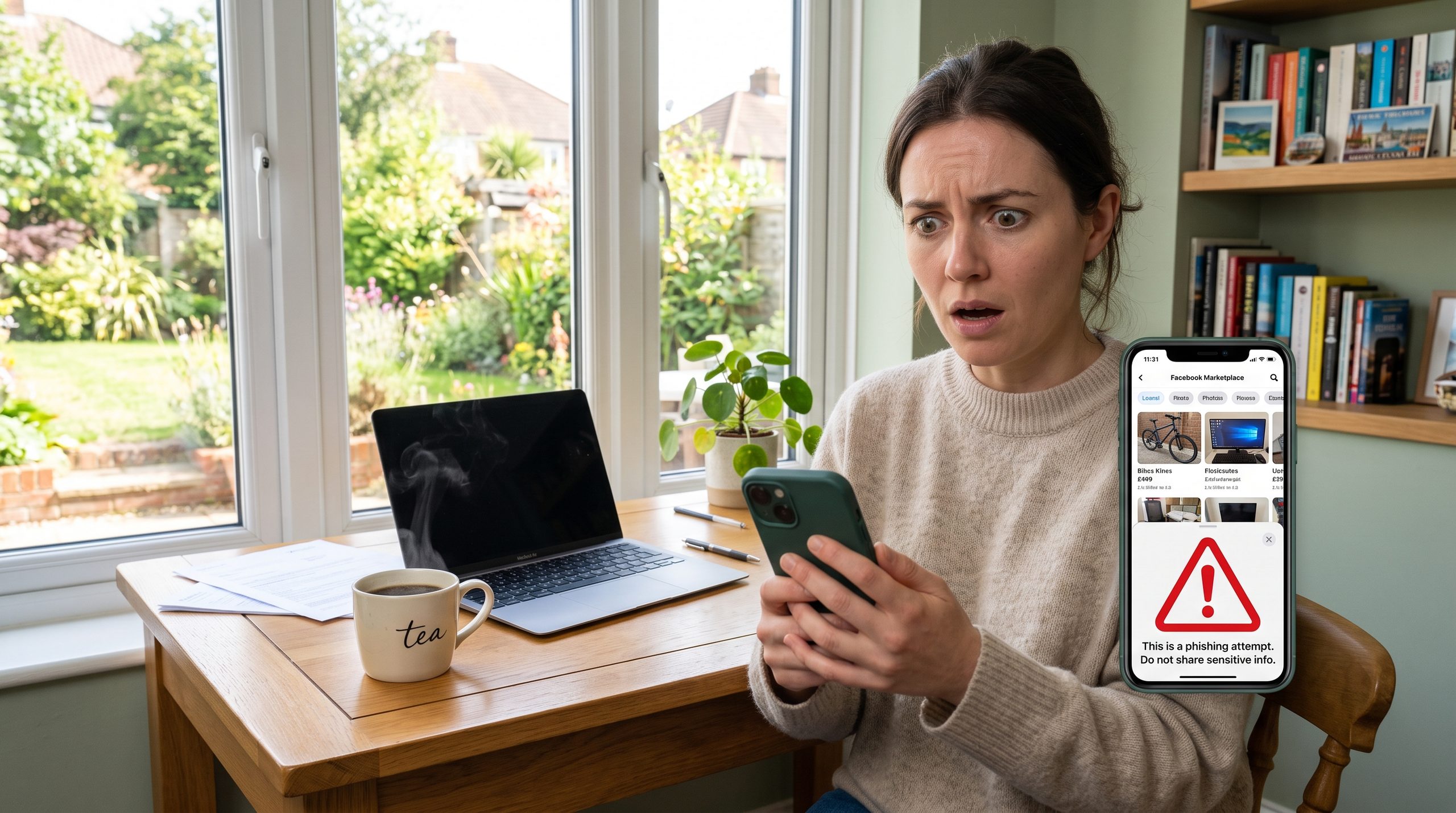 A person holding a smartphone using Facebook Marketplace and selecting reporting options to report a scam account. Her face look worried.