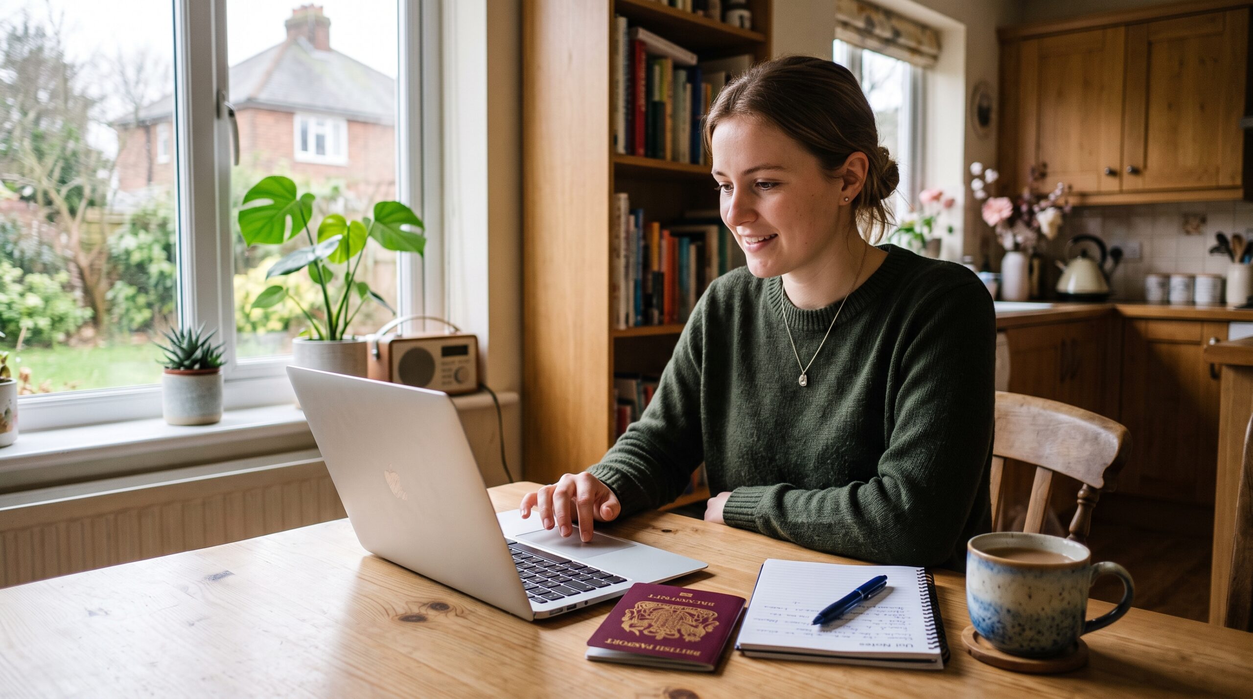 A student using a laptop to apply for Student Finance online, with a UK passport and notebook resting on a wooden table.